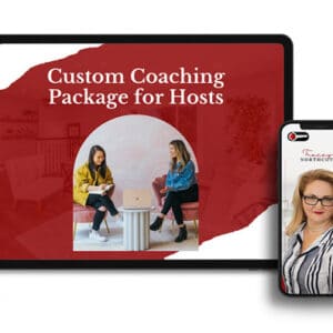 Promotional image for Tracey Northcott’s Custom Coaching Package for Hosts, showing two women in discussion and a smartphone featuring Tracey’s portrait.