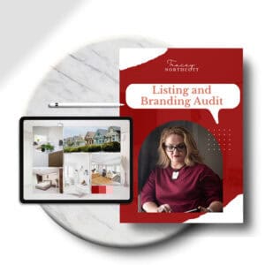Promotional graphic showing a tablet with property photos beside a red “Listing and Branding Audit” guide, representing Tracey Northcott’s Airbnb branding services.